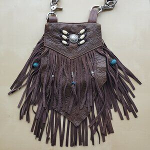 Vintage TRIBE AMERICA Brown Leather Fringe Crossbody Bag Purse Beads Western